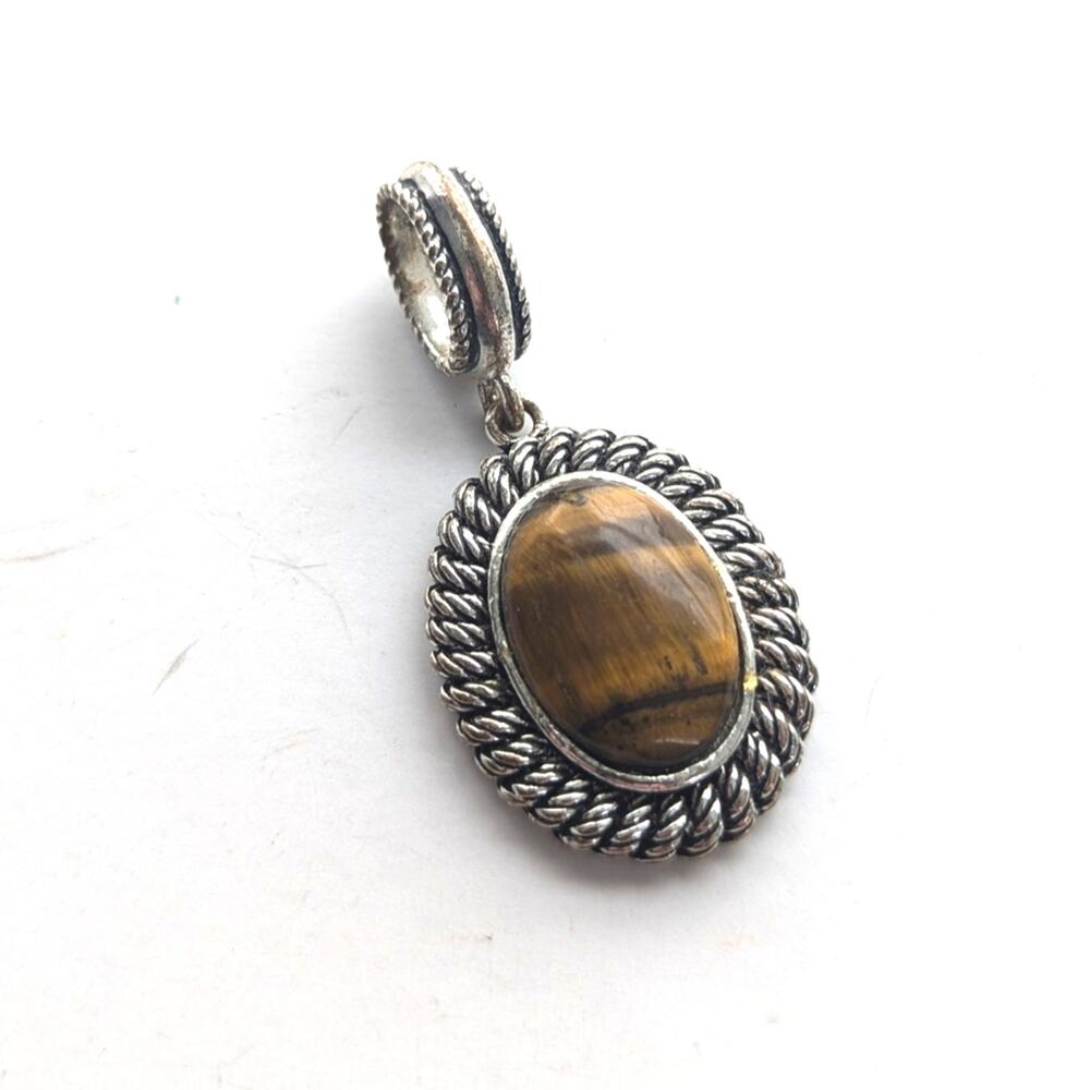 Vintage Estate Avon SP Silver Plated Tigers Eye Twisted Rope Necklace Pendant